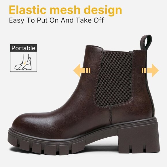 Vepose Women's Brown Faux Chelsea Leather Lug Sole Elastic Slip on Ankle Booties - Picture 8 of 9